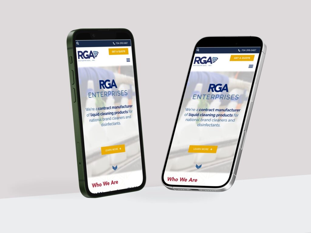 Two smartphones displaying RGA Enterprises mobile website