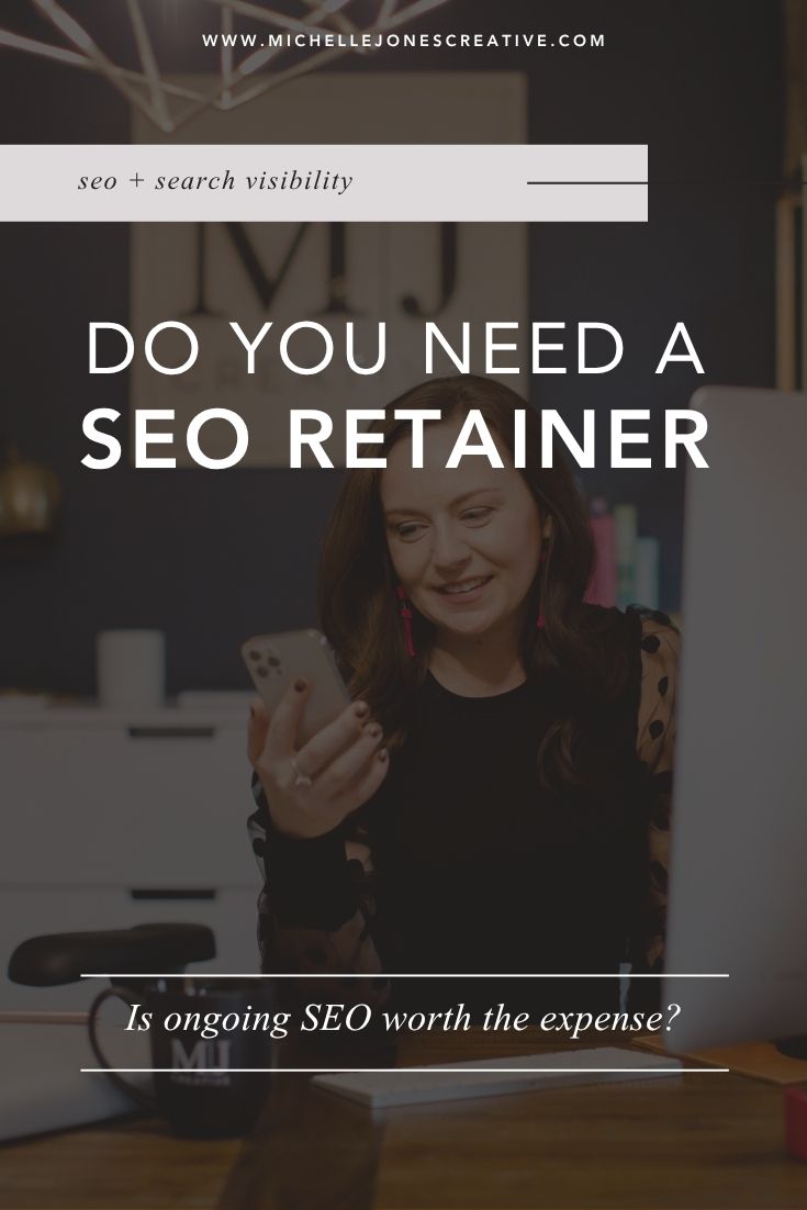 Woman smiling at phone with SEO retainer blog post text